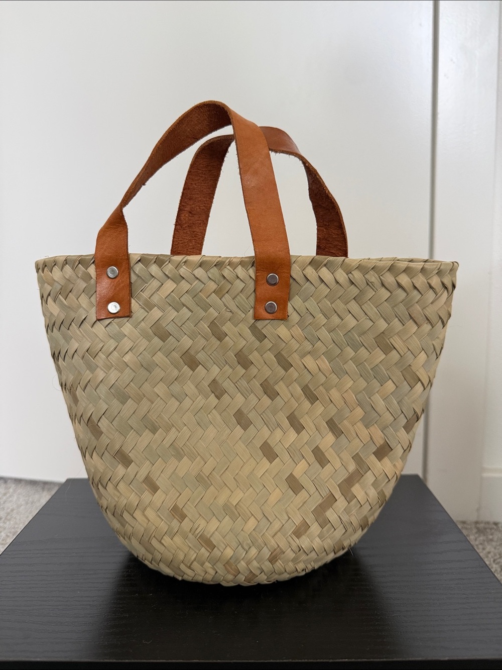 Handwoven Straw Tote with Tan Leather Handles - Picture 1 of 2